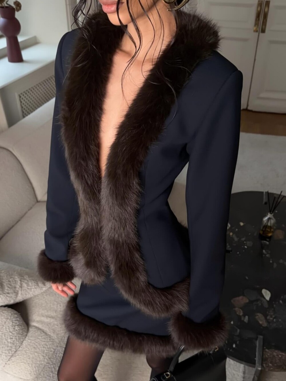 Faux-Fur Trimmed Navy Women's Jacket